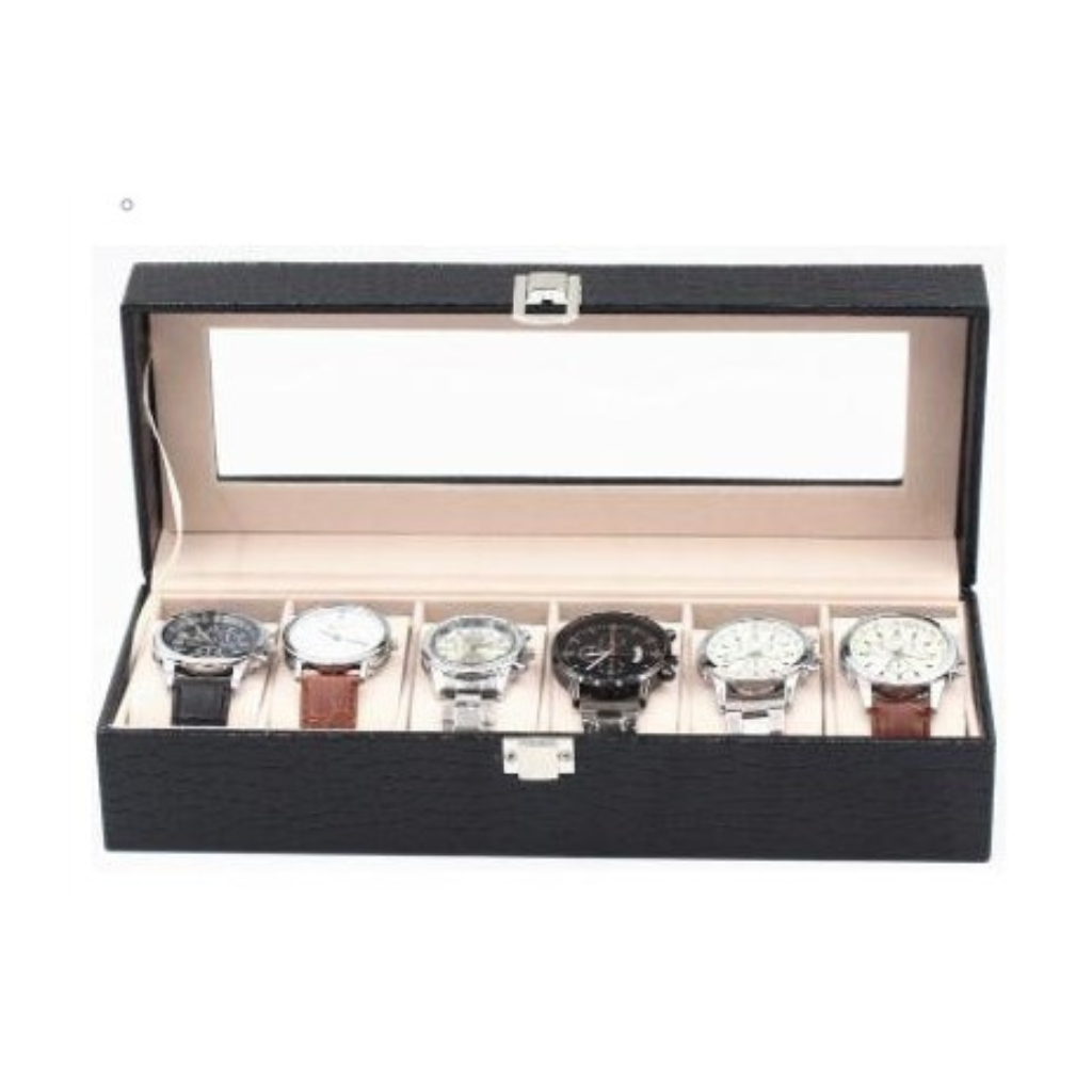Luxus-Uhrenbox aus Leder – 6 Fächer – Leder (Schwarz)