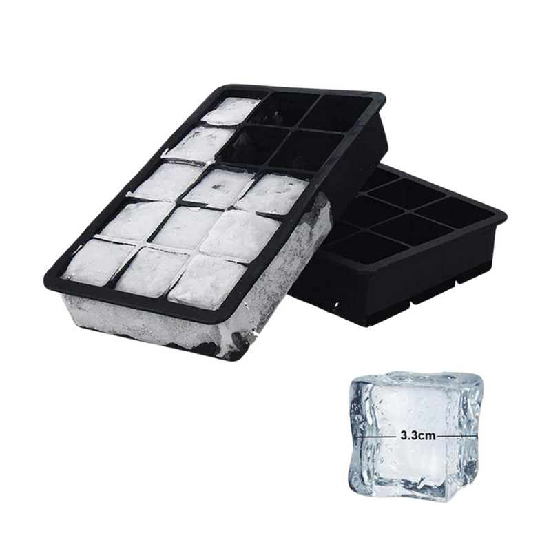 Two black silicone ice cube trays, one filled with frozen cubes, one empty, with a single 3.3 cm cube shown for scale.