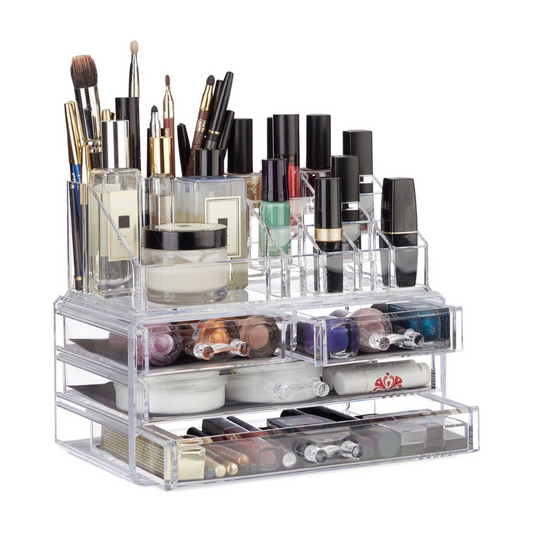 Organizador de maquillaje con cajones regulables.