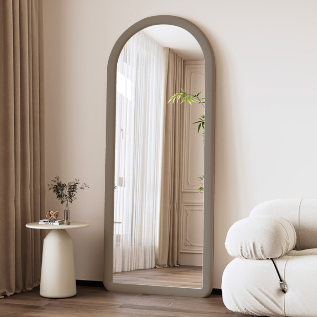 Upholstered Oval Standing Mirror 160x60 cm - Suede Velvet - Taupe