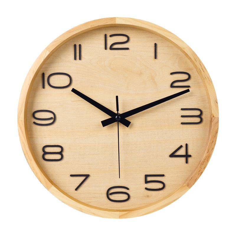 Round light wood wall clock with bold black raised numerals, natural grain face, black hands, front view on white background
