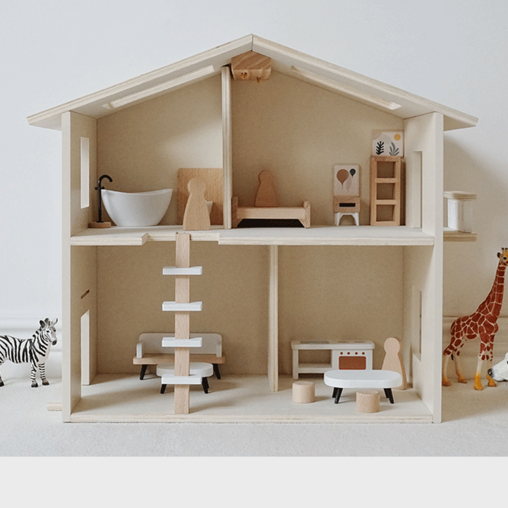 Puppenhaus aus Holz mit Möbeln