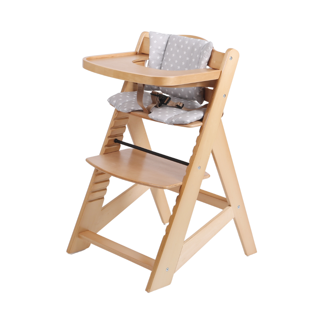 Wooden highchair with dining tray and cushion