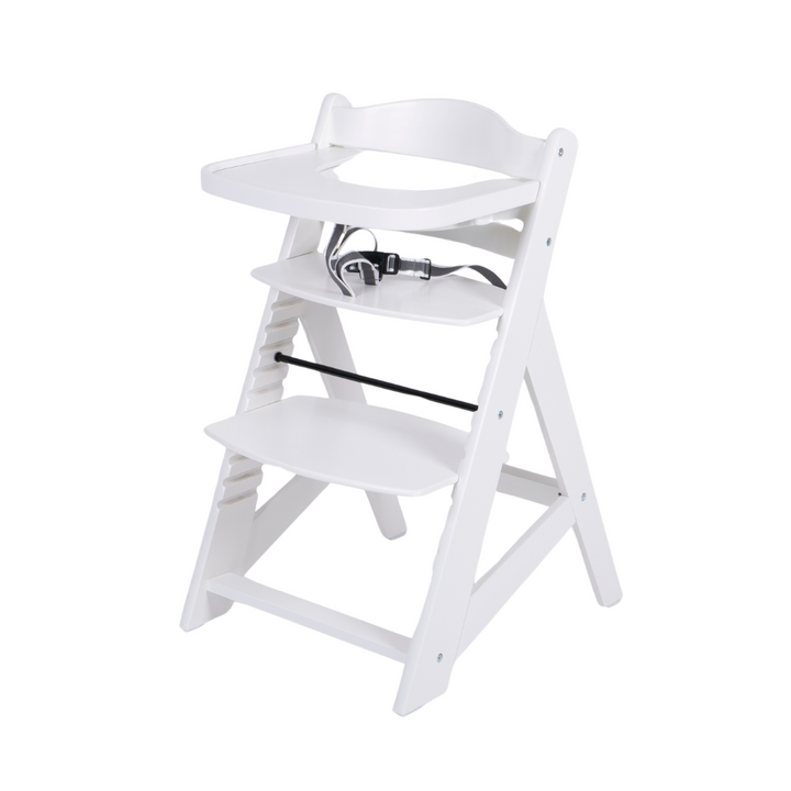 Bílá dřevěná jídelní židlička s jídelním podnosem a polštářem
