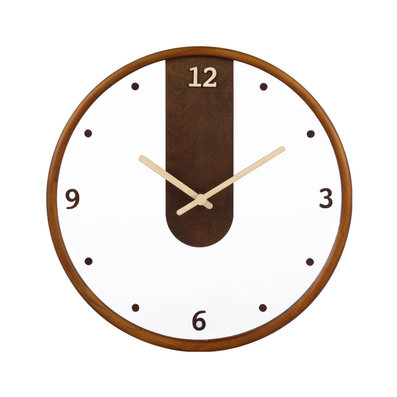 Round wall clock with walnut-tone wooden frame, white acrylic face, dark wood central panel at 12, and gold hands on white…