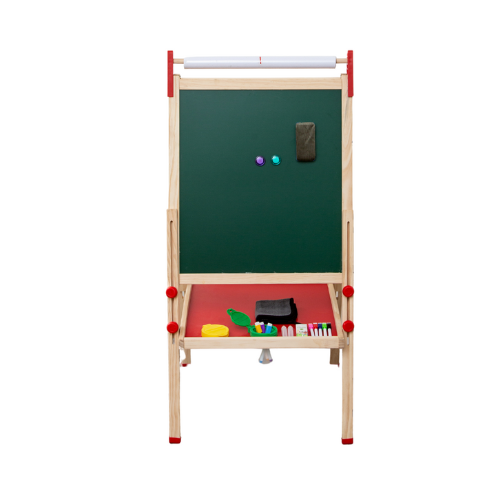 Wooden easel for children with chalkboard and whiteboard