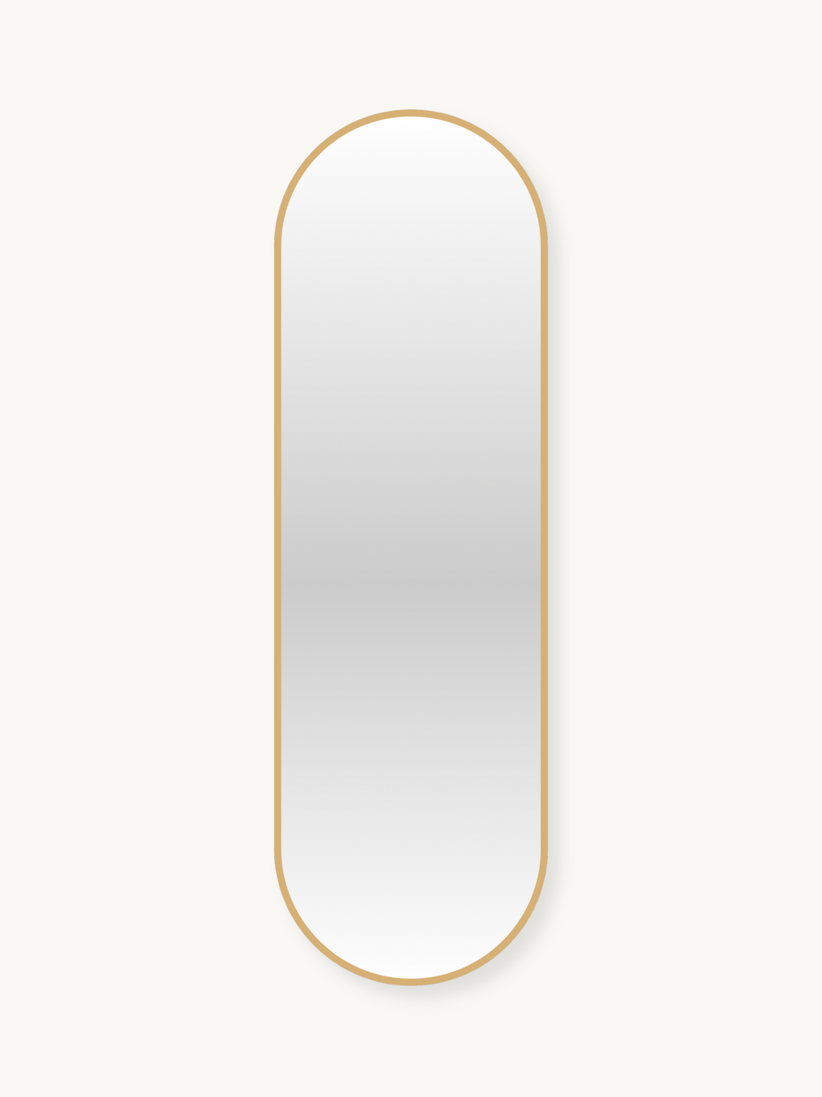 Tall capsule-shaped wall mirror with a thin gold aluminium frame against a light background, front view