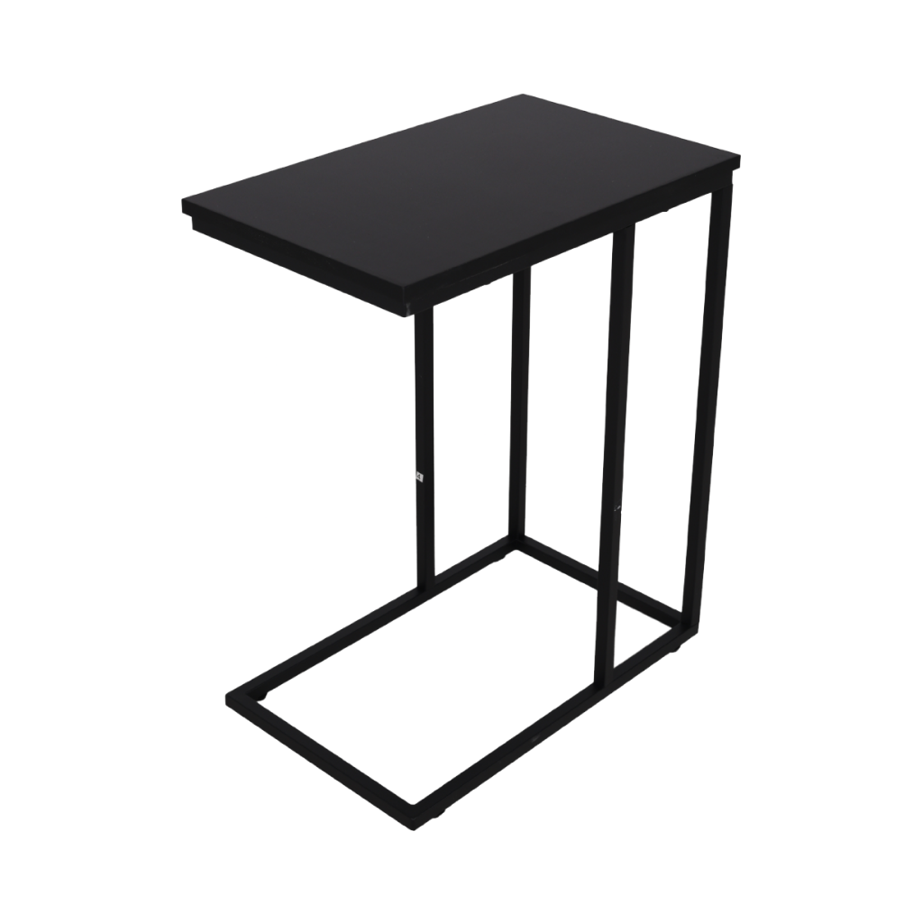 Black C-shaped side table with matte wood top and open steel tube base, angled product shot on white background