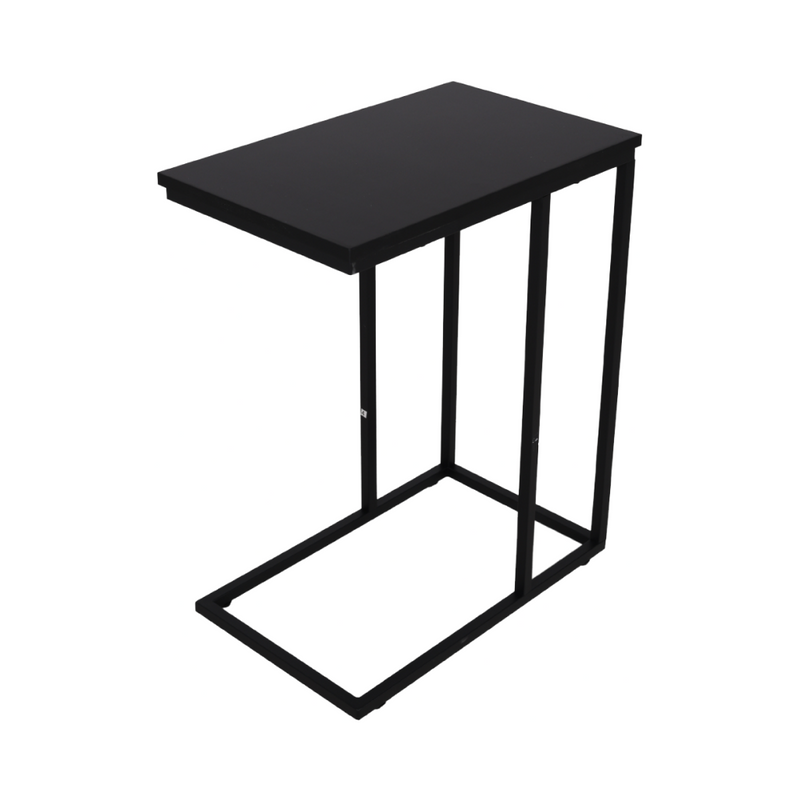 Black C-shaped side table with matte wood top and open steel tube base, angled product shot on white background