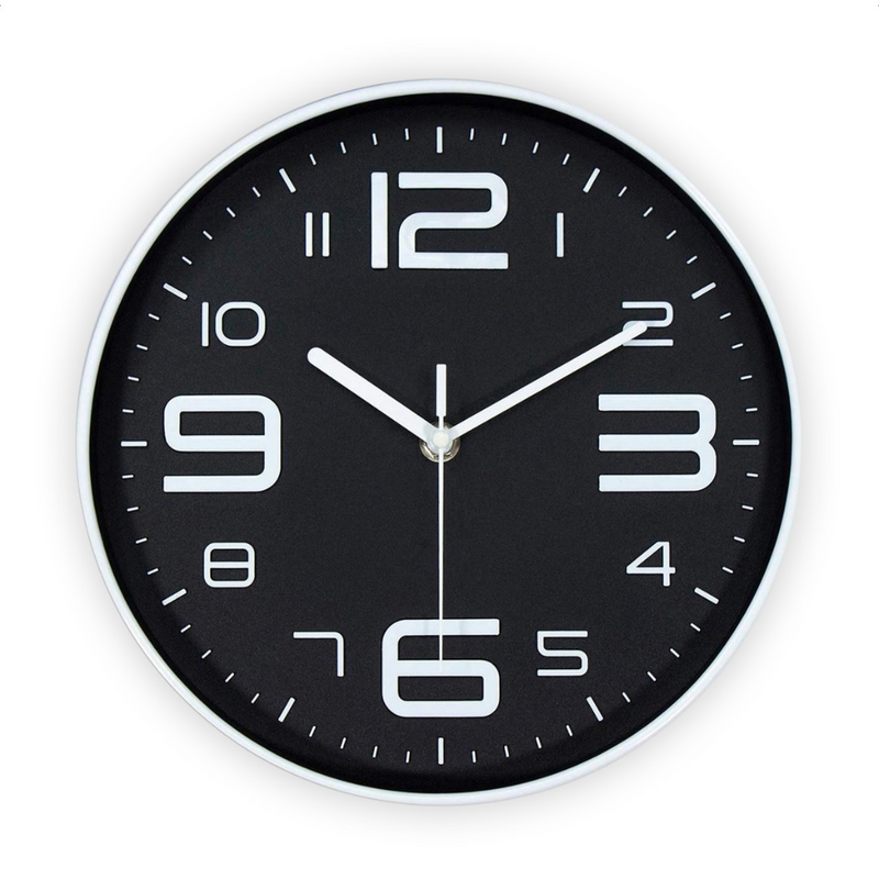 Round wall clock with black dial, bold white Arabic numerals, white hands, and slim white outer frame, front view on white…