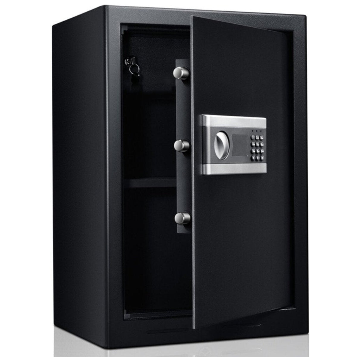 Black steel safe with door open at an angle, showing interior shelf, three bolt hinges, and silver digital keypad on front