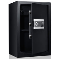 Black steel safe with door open at an angle, showing interior shelf, three bolt hinges, and silver digital keypad on front