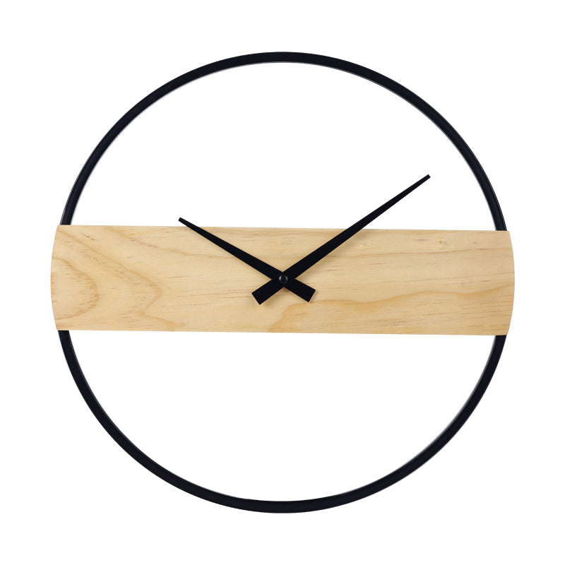 Reykjavik wall clock front view, thin black circular iron frame with horizontal natural wood panel and black hands