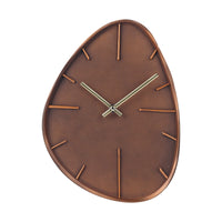 Egg-shaped brown resin wall clock with copper-tone hour markers and gold hands, front view on white background