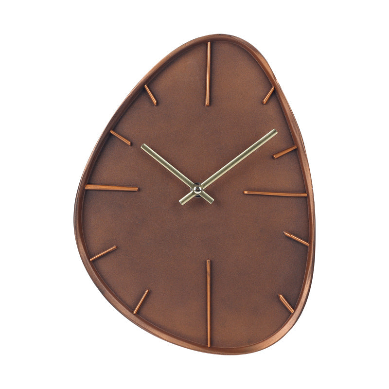 Egg-shaped brown resin wall clock with copper-tone hour markers and gold hands, front view on white background