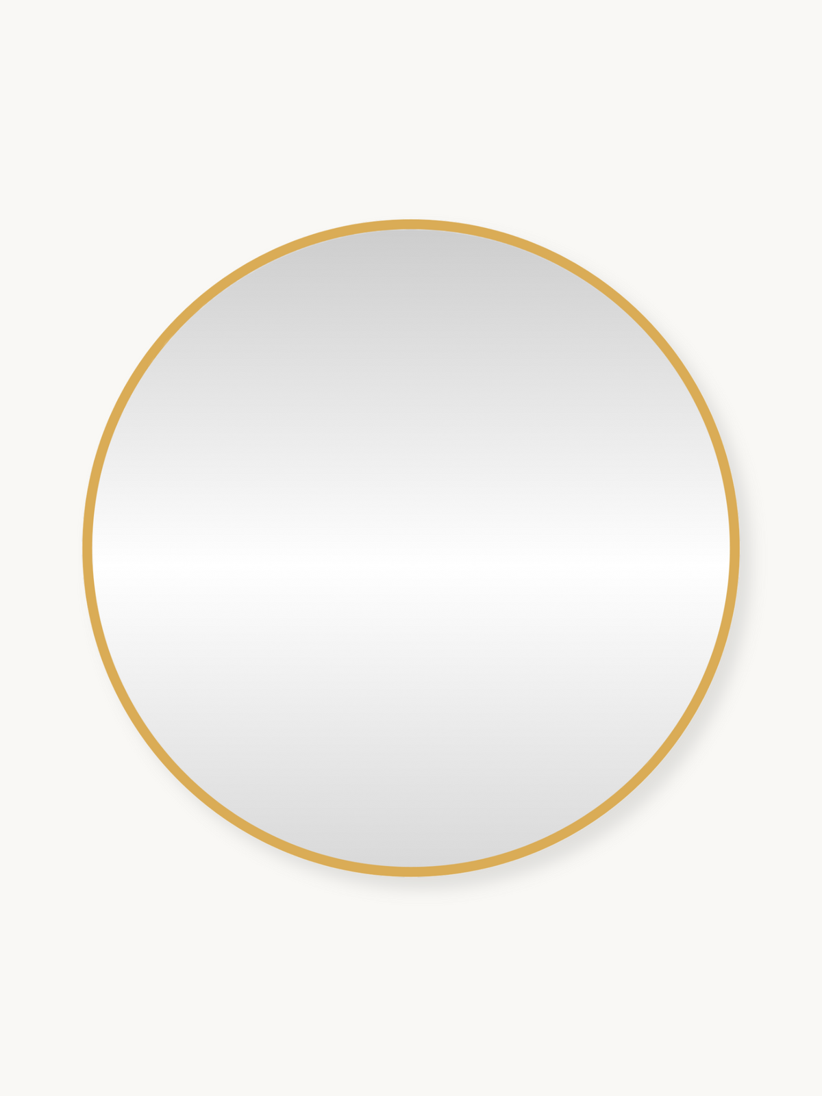 Round wall mirror with slim gold metal frame, front view on off-white background