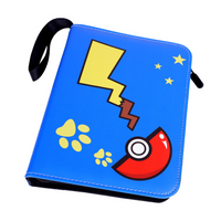 Blue Pokémon-themed card binder at an angle, showing zipper closure, black wrist strap, and PU cover with lightning bolt,…