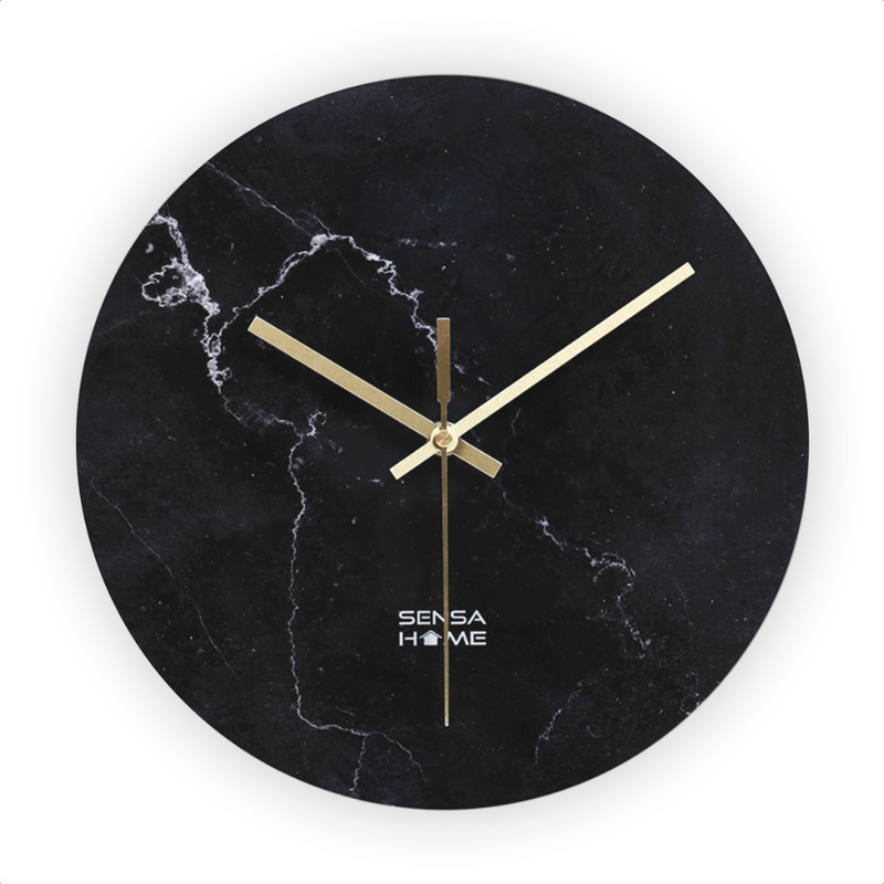 Round black marble-effect glass wall clock with gold hands, no numerals, white veining pattern, SensaHome branding, front…