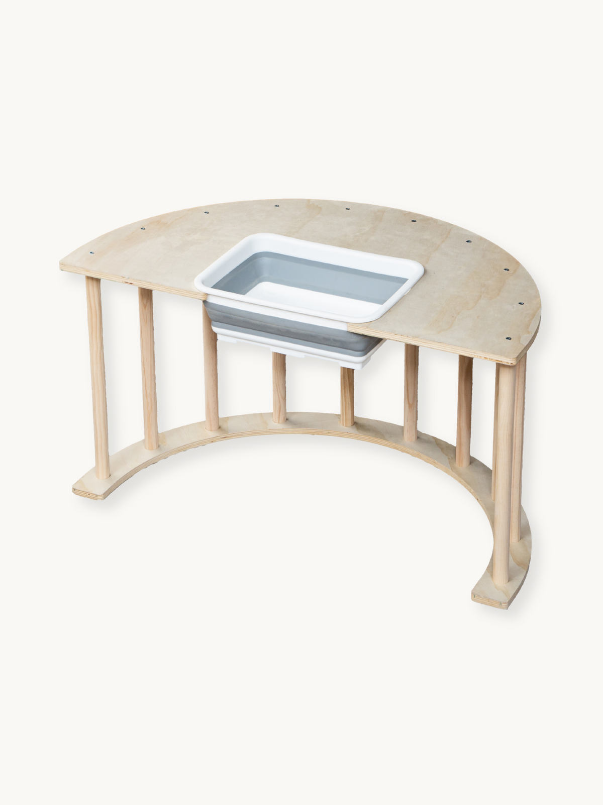 Natural wood semicircular climbing arch table with removable grey and white plastic storage bin fitted through tabletop cu…