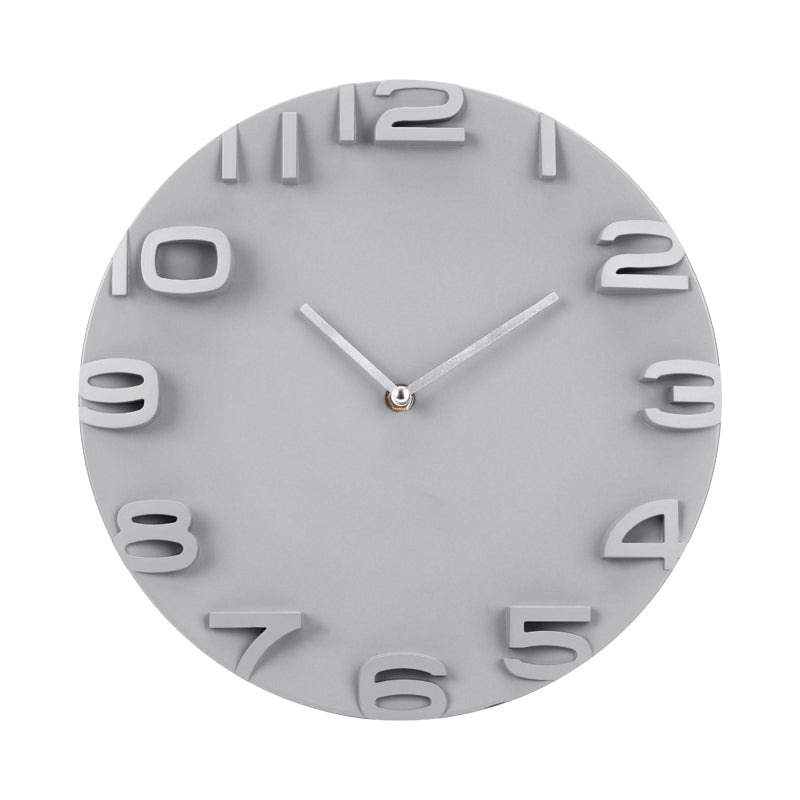 Round grey wall clock with raised 3D numerals and silver hands, front view, 30cm diameter smooth matte finish