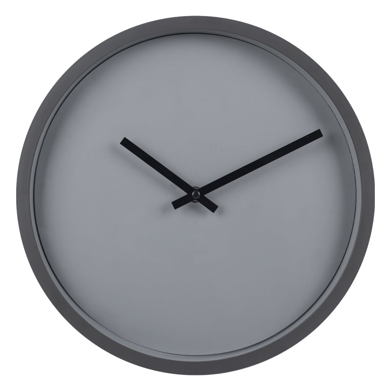 Grey round wall clock with dark frame, minimalist no-number dial, and black hands, front view, 30cm diameter