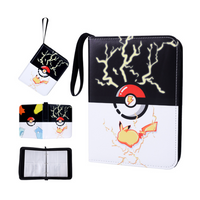 Black and white Pokémon-themed zippered card binder with Poké Ball and Pikachu lightning design, shown from front plus thr…