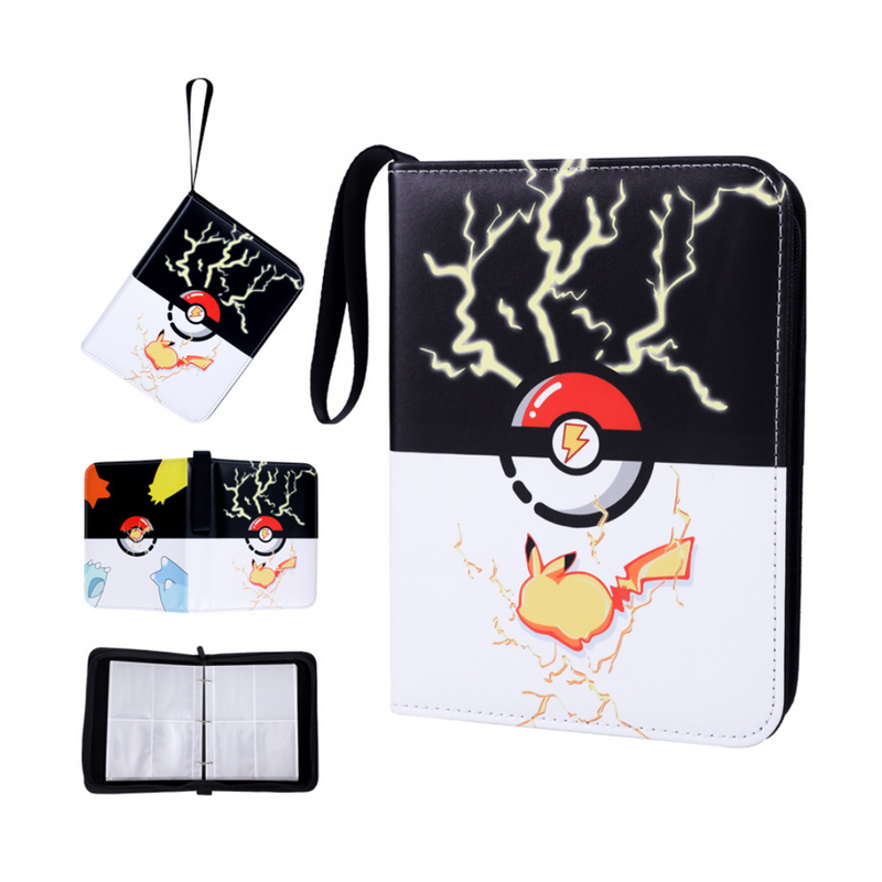 Black and white Pokémon-themed zippered card binder with Poké Ball and Pikachu lightning design, shown from front plus thr…