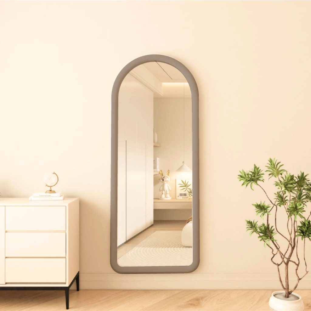 Miroir sur pied ovale rembourré 160x60 cm - Velours suédine - Taupe