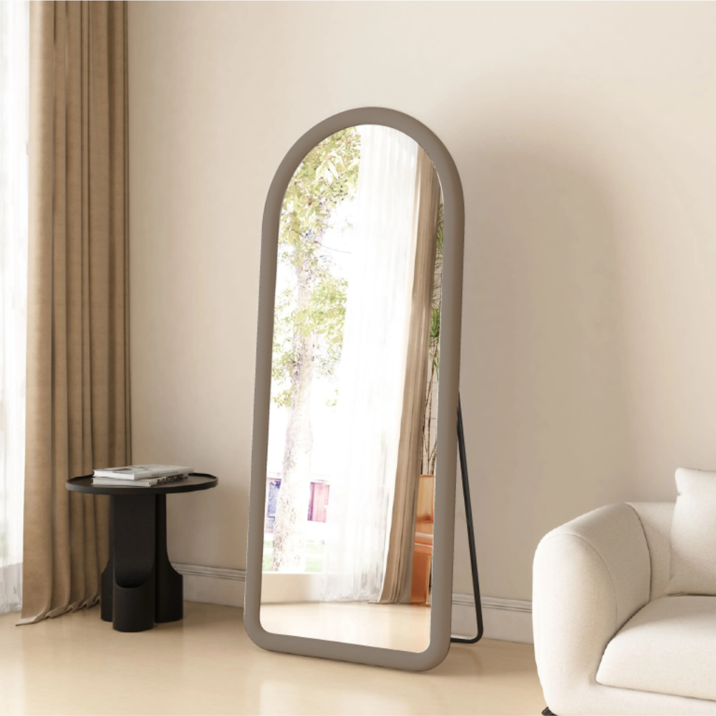 Upholstered Oval Standing Mirror 160x60 cm - Suede Velvet - Taupe