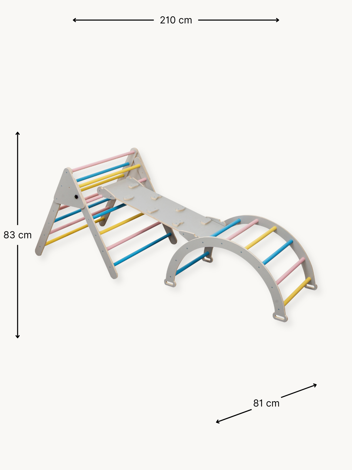 Grey wooden 3-piece kids climbing set with dimensions annotated: 210 cm wide, 83 cm tall, 81 cm deep; pink, blue, and yell…