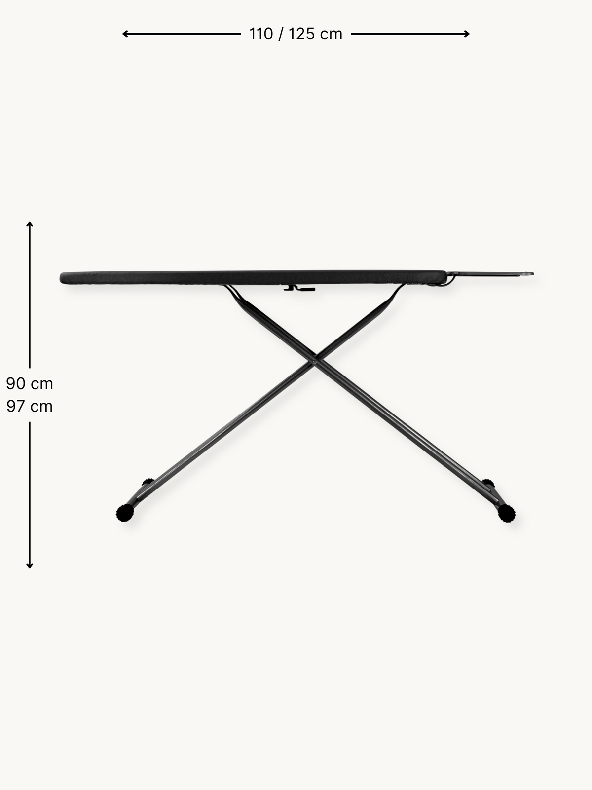 Black ironing board side view with cross steel frame, rubber feet, and iron rest, annotated with 110/125 cm width and 90/9…