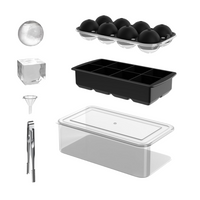 Black silicone sphere and cube ice trays shown exploded above clear lidded container, with stainless tongs and small funne…