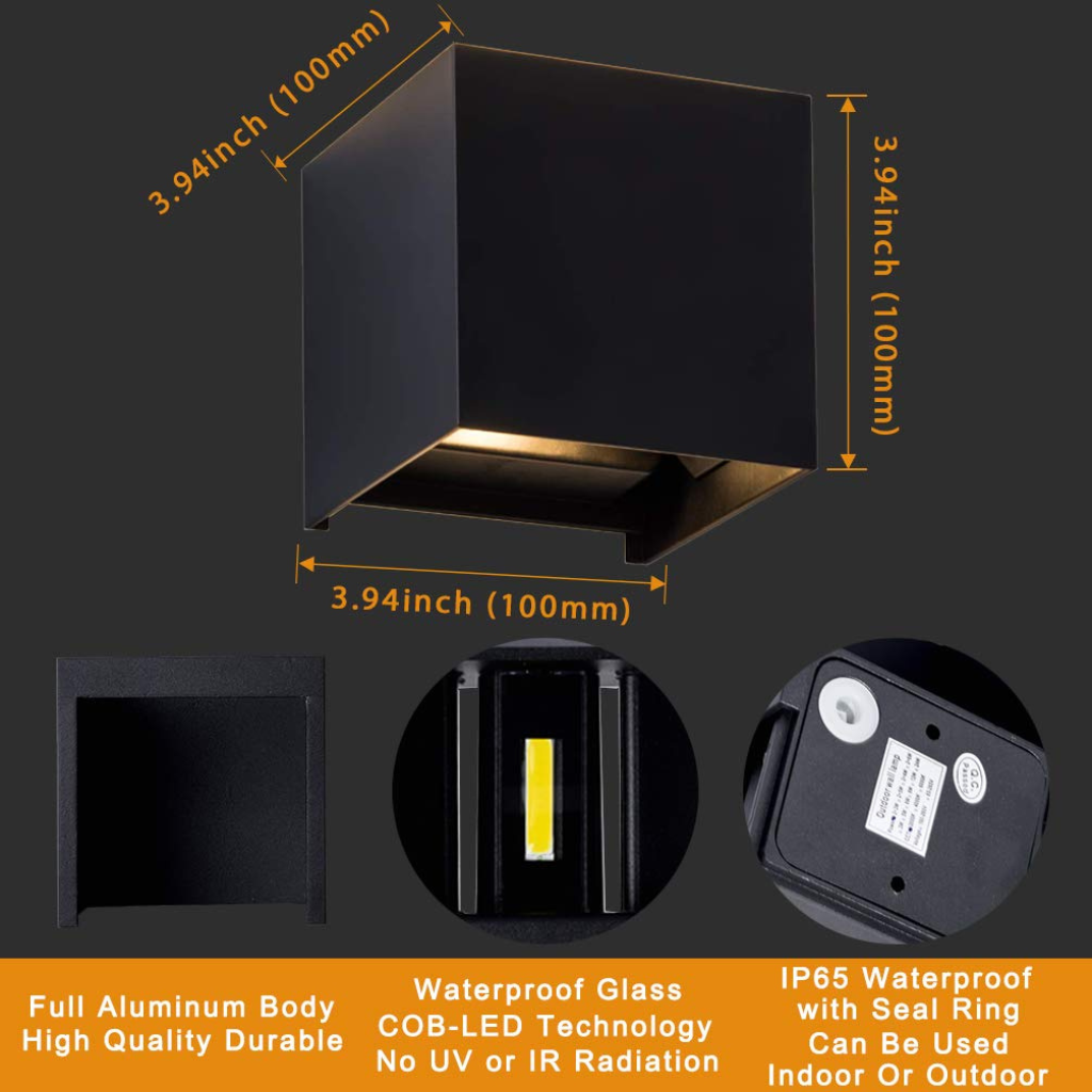 Black cube LED wall lamp infographic showing 100×100mm dimensions, COB LED detail, aluminum body, and IP65 seal ring close…