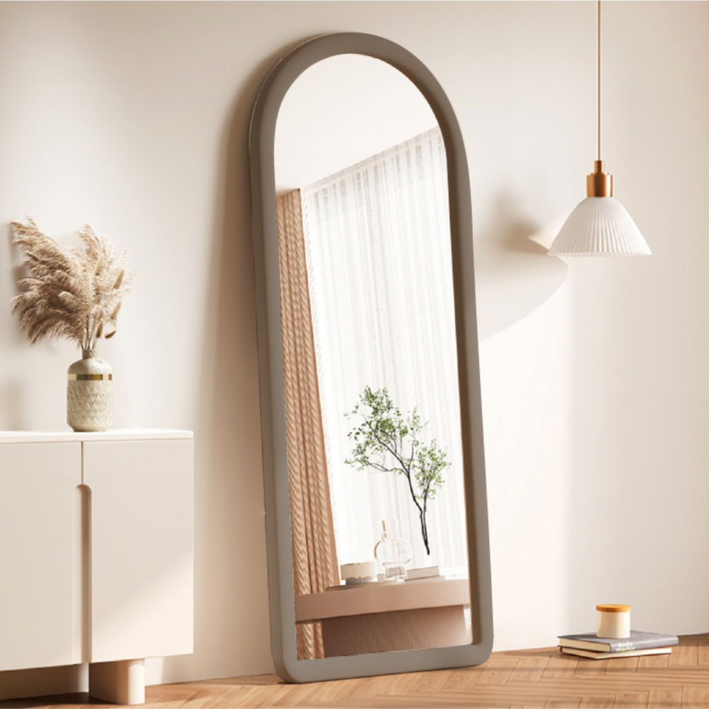 Upholstered Oval Standing Mirror 160x60 cm - Suede Velvet - Taupe