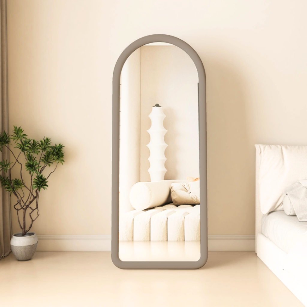 Upholstered Oval Standing Mirror 160x60 cm - Suede Velvet - Taupe