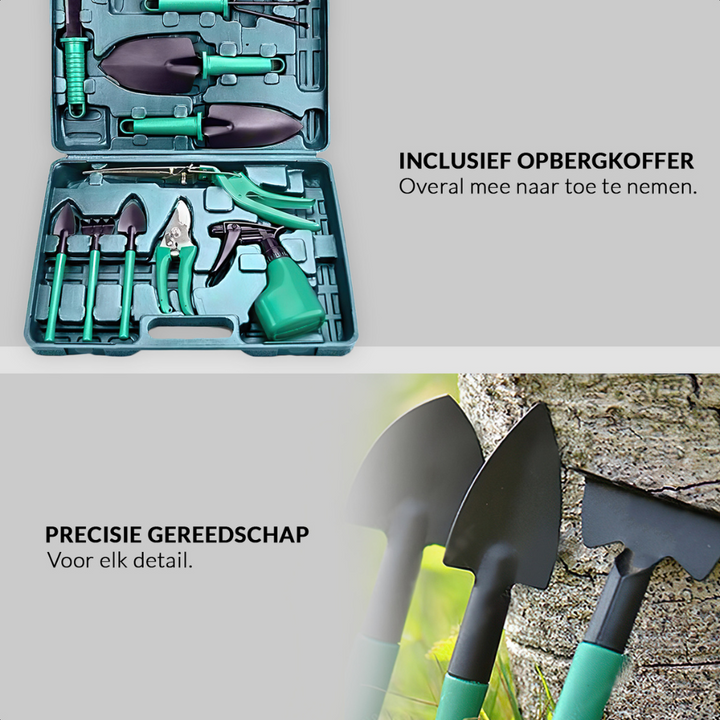 Gardening set with 10-piece tool case (Garden shears, Hand shovel, Hand rake, Plant sprayer, Joint scraper, Flower scoop, Flower scissors, Grass shears, Hedge trimmer