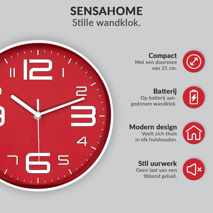Wanduhr – Lautloses Uhrwerk – 25 cm Durchmesser (Rot)