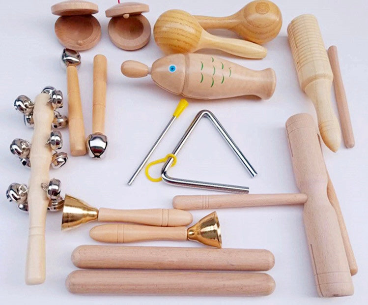 Buxibo - Musiksæt 16-dele - Musikinstrumentsæt til børn - Legetøjsinstrumenter - Håndklokker/Trekant/Sambabold - Træ
