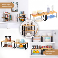 Four-panel lifestyle collage showing bamboo and black metal risers used as countertop stands, cabinet organisers, and stac…
