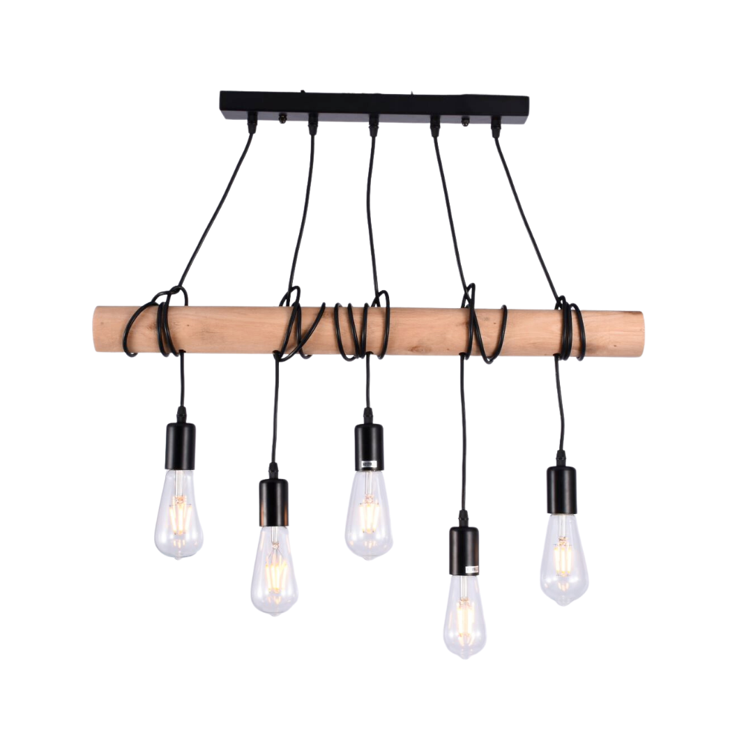 SensaHome MD89138-5 Hængelampe - Spisestuelampe i træ - Køkkenbelysning - 5-lys lampe - 70cm - E27 Fitting - Eksklusive lyskilde