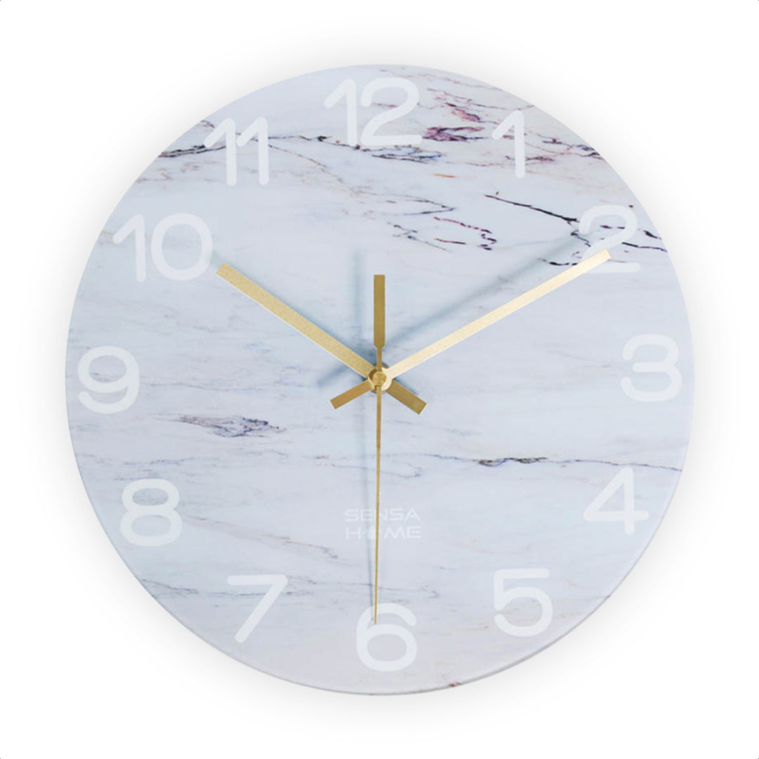Skleněné nástěnné hodiny SensaHome o průměru 30 cm – minimalistický mramorový design s tichým pohybem – mramorová bílá