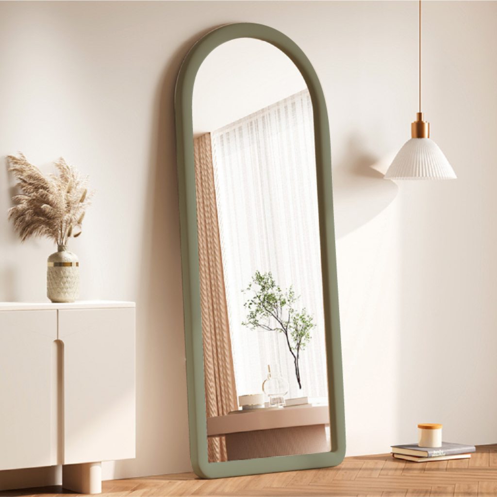 Upholstered Oval Standing Mirror 160x60 cm - Suede Velvet - Green