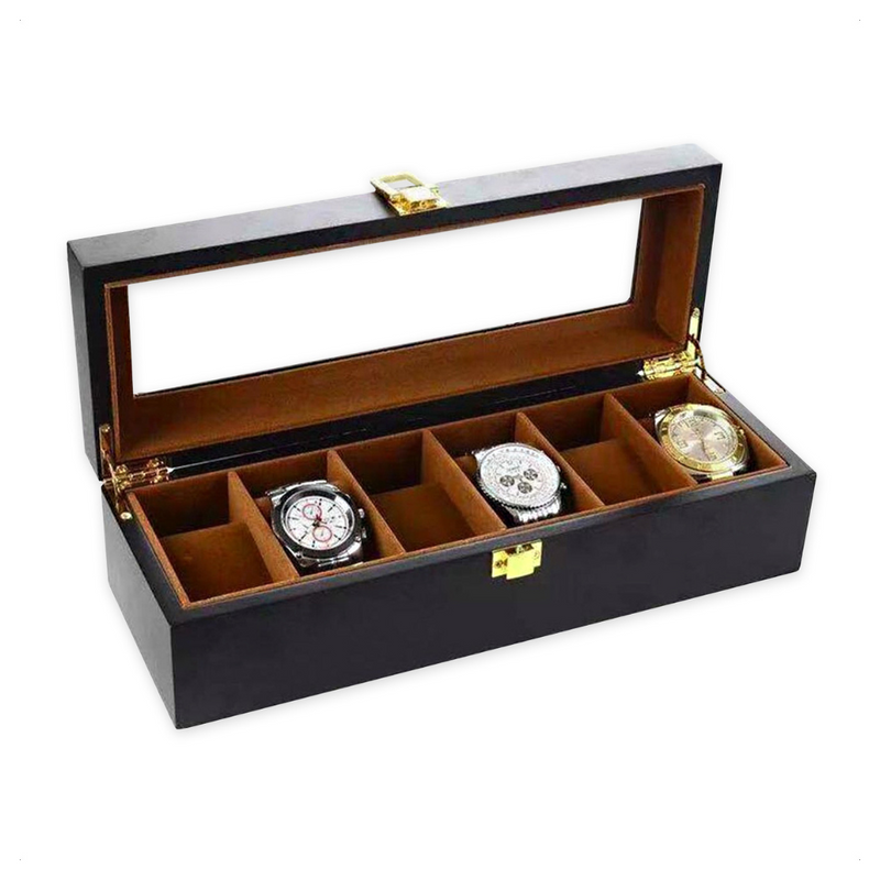 Black wooden 6-slot watch box open, showing brown cushioned interior with three watches displayed and gold clasp hardware