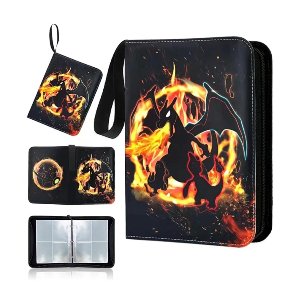 Black zippered trading card binder with Charizard fire design, shown from four angles including open interior with clear 9…