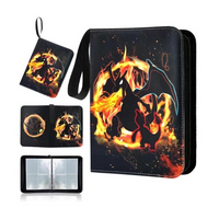 Black zippered trading card binder with Charizard fire design, shown from four angles including open interior with clear 9…