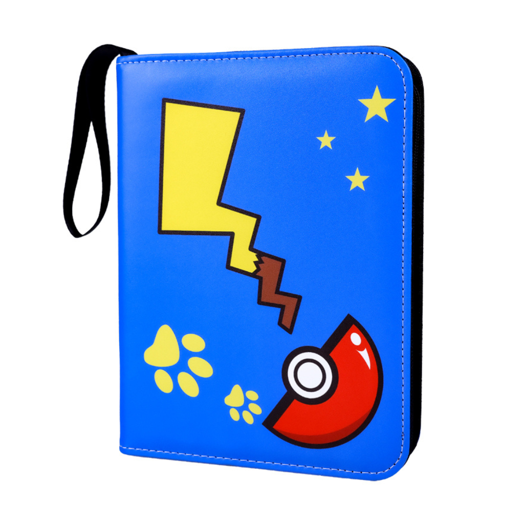Blue zippered trading card binder with lightning bolt, Poké Ball, paw prints and stars print, black carry handle, front view
