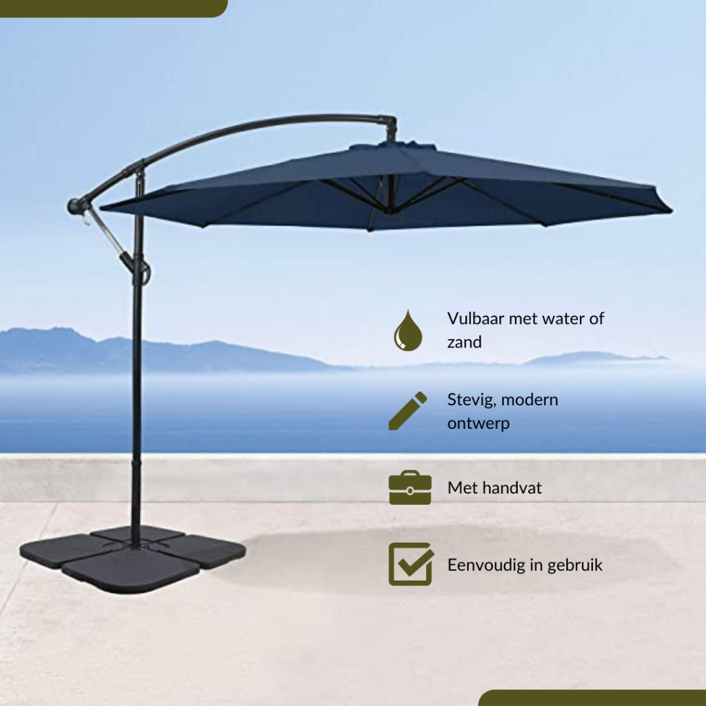 Navy blue cantilever parasol on black cross base with four fillable tiles, displayed against a coastal backdrop with Dutch…