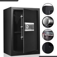 Black steel safe with door open showing digital keypad, detail insets of textured corner, steel bolt, caliper measurement,…