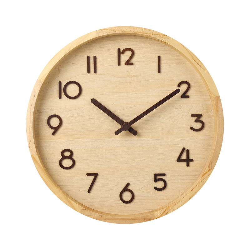 Round light wood wall clock with dark brown raised numerals and hands, natural grain face, front view on white background