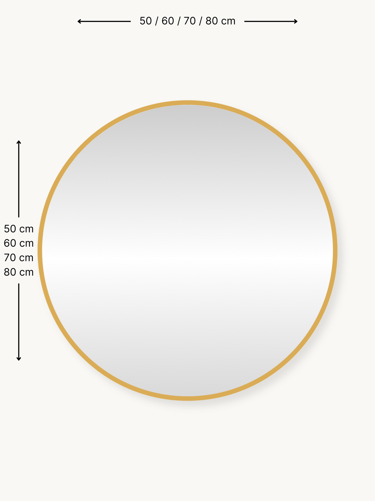 Size guide diagram of round Freya mirror with gold frame, showing 50, 60, 70 and 80 cm diameter options